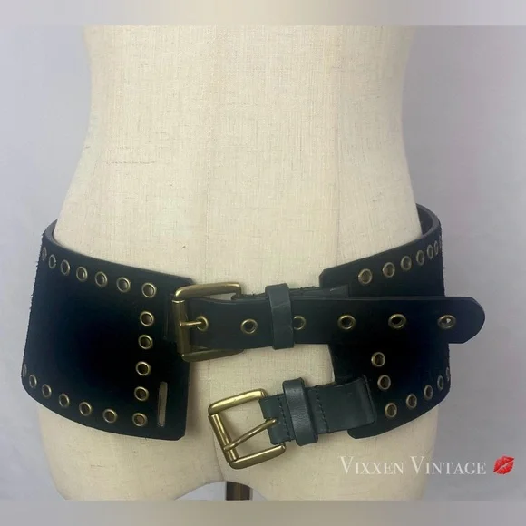VINTAGE 1980’S WIDE DOUBLE BUCKLE SUEDE GROMMET CORSET BELT IN BLACK - Picture 2 of 8